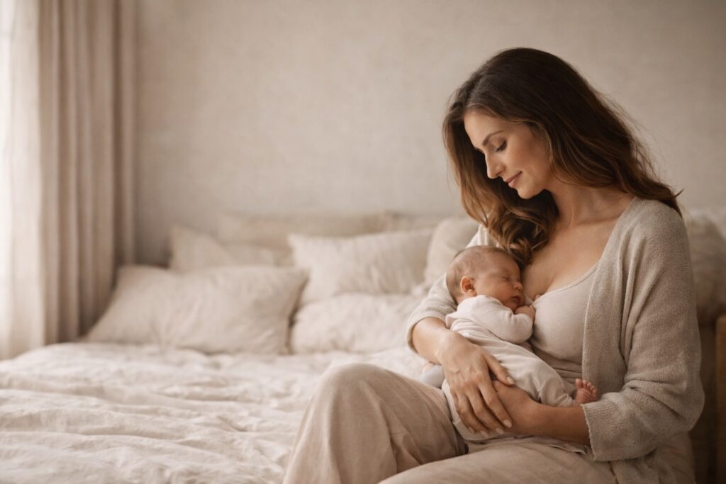 femme avec nourrisson dans un environnement cocooning illustrant un accompagnement en naturopathie pendant le post-partum à Saint-Ouen près de Paris