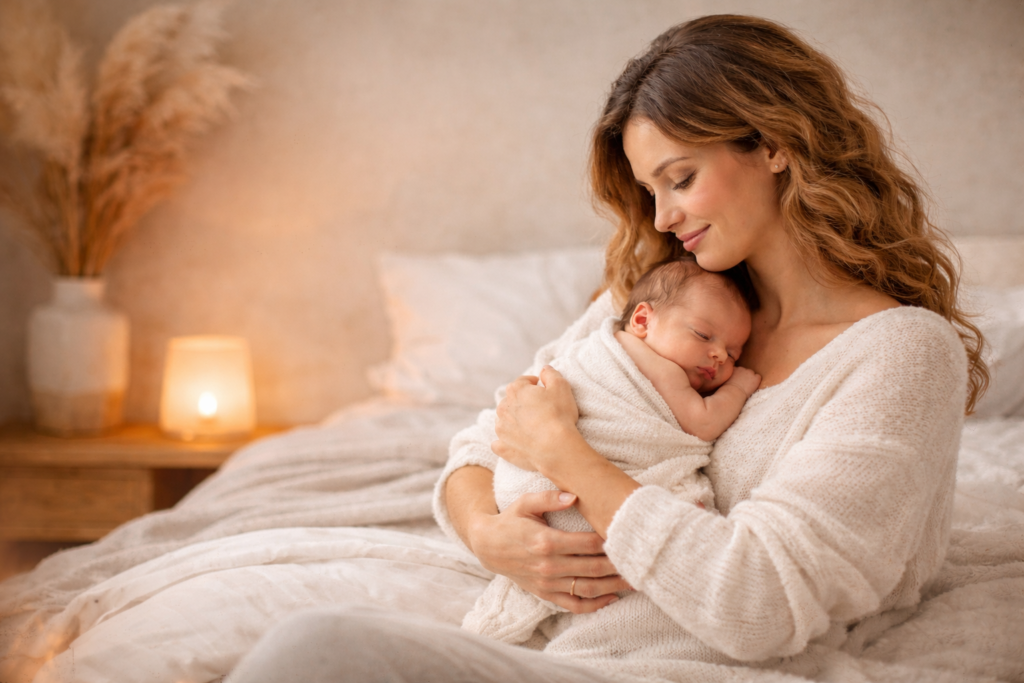 accompagnement en naturopathie pour la grossesse et le post-partum avec mère et nouveau-né en peau à peau dans une ambiance douce