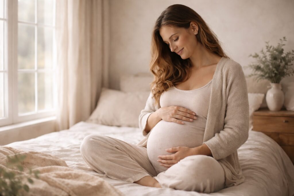 femme enceinte dans un environnement cocooning illustrant un accompagnement en naturopathie pendant la grossesse à Saint-Ouen près de Paris