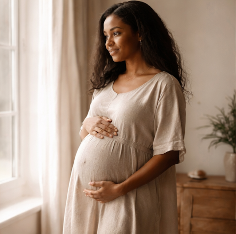 femme enceinte dans un environnement cocooning illustrant un accompagnement en naturopathie pendant la grossesse
